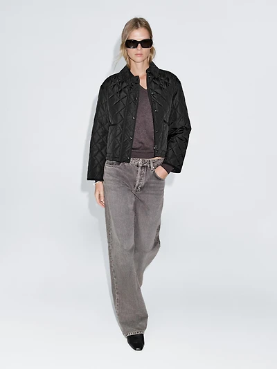 Short lightweight puffer jacket with corduroy detail