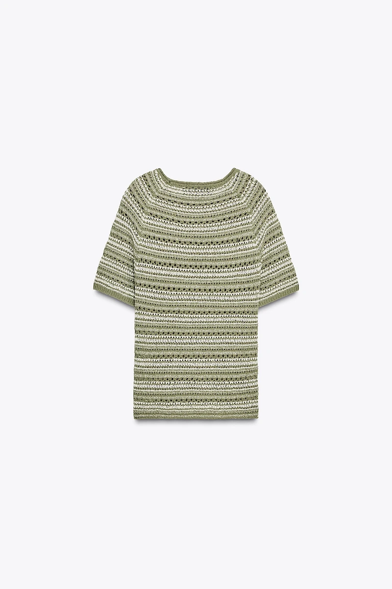STRIPED TEXTURED KNIT SHORT SLEEVE TOP