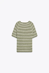 STRIPED TEXTURED KNIT SHORT SLEEVE TOP