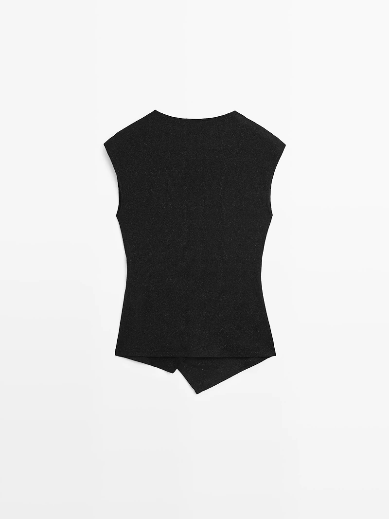 Metallic finish top with surplice neckline