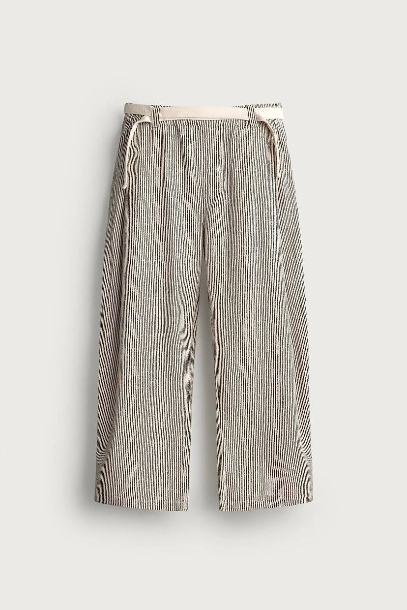 STRIPED WIDE FIT BELTED PANTS