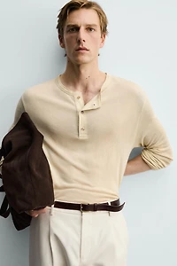 VISCOSE LINEN BLEND HENLEY T-SHIRT