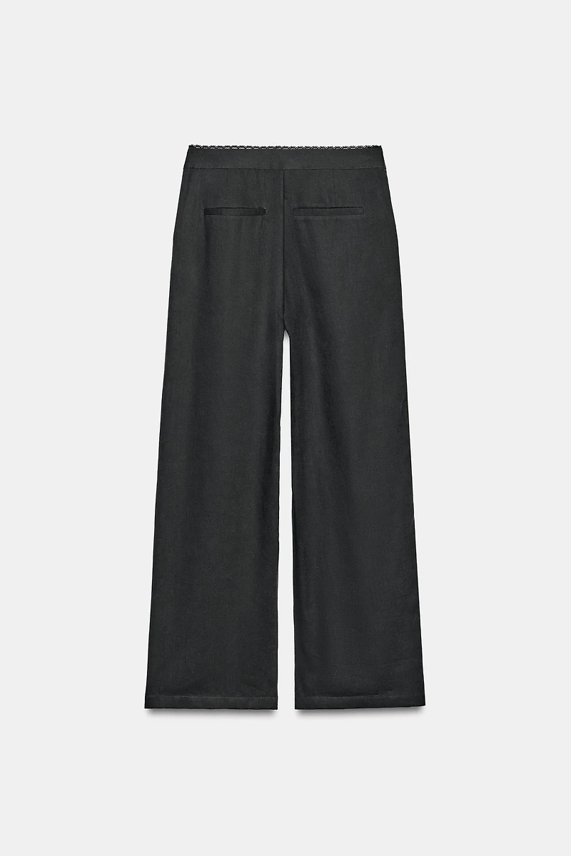 STRAIGHT LEG LINEN PANTS WITH LACE TRIM