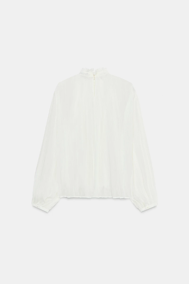 COTTON GAUZE LACE TRIM RUFFLED BLOUSE