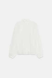 COTTON GAUZE LACE TRIM RUFFLED BLOUSE