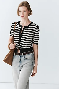 Striped short sleeve knit cardigan