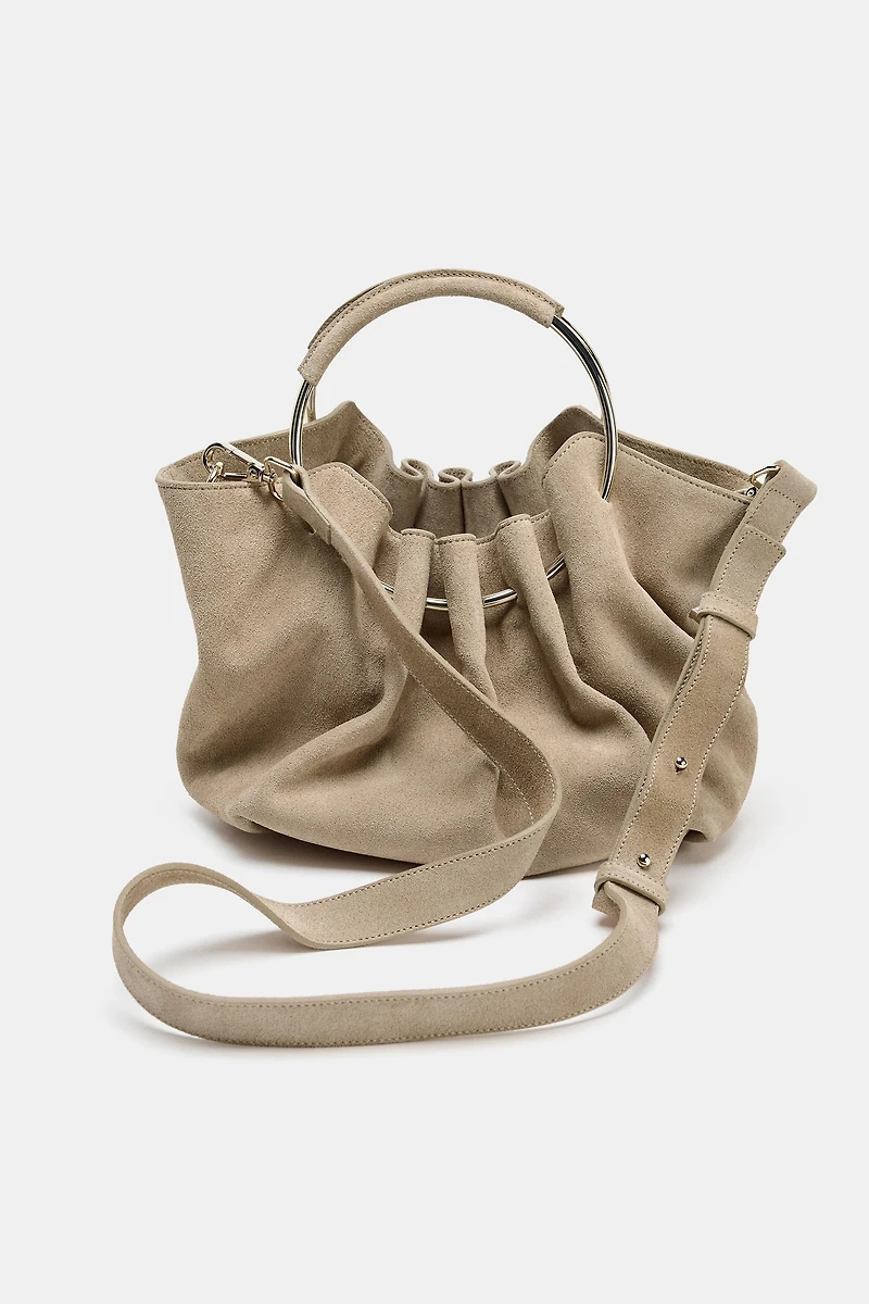 RIGID HANDLE SPLIT LEATHER BUCKET BAG