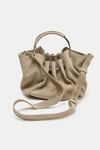 RIGID HANDLE SPLIT LEATHER BUCKET BAG