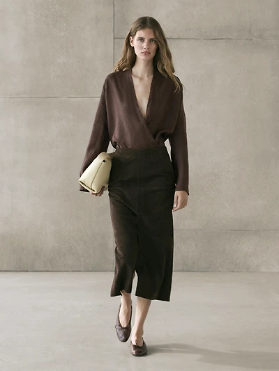 Flowing loose-fitting linen wrap blouse