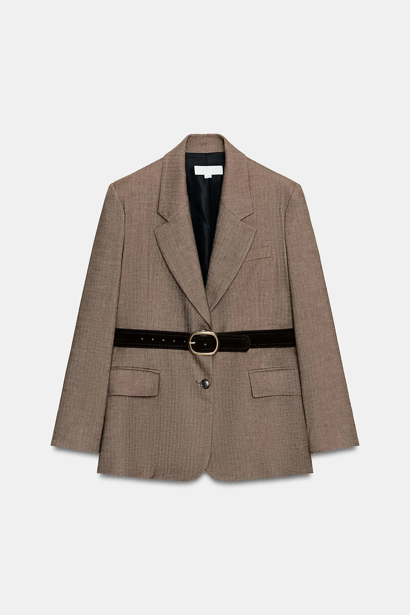 HERRINGBONE BELTED BLAZER