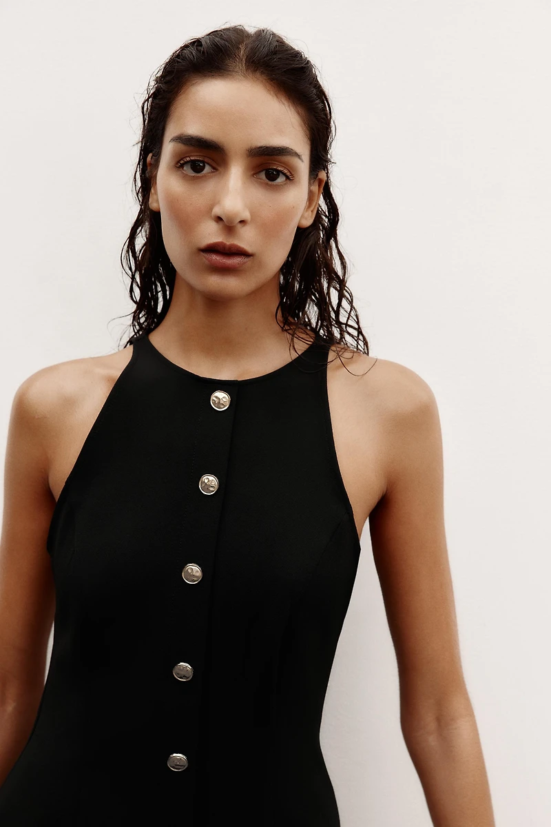 GOLD BUTTON CREPE MIDI DRESS