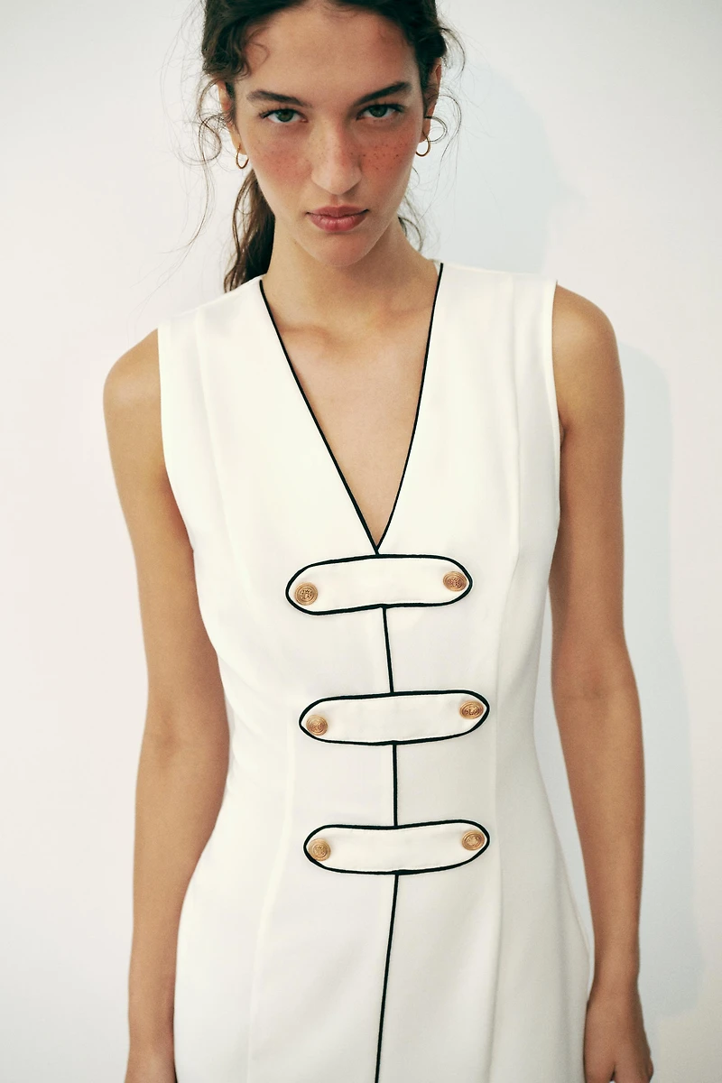 CONTRAST TRIM FROG FASTENING MIDI DRESS