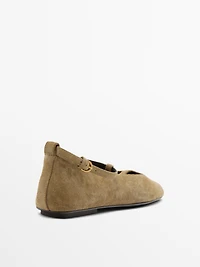 Split suede ballet flats with instep strap