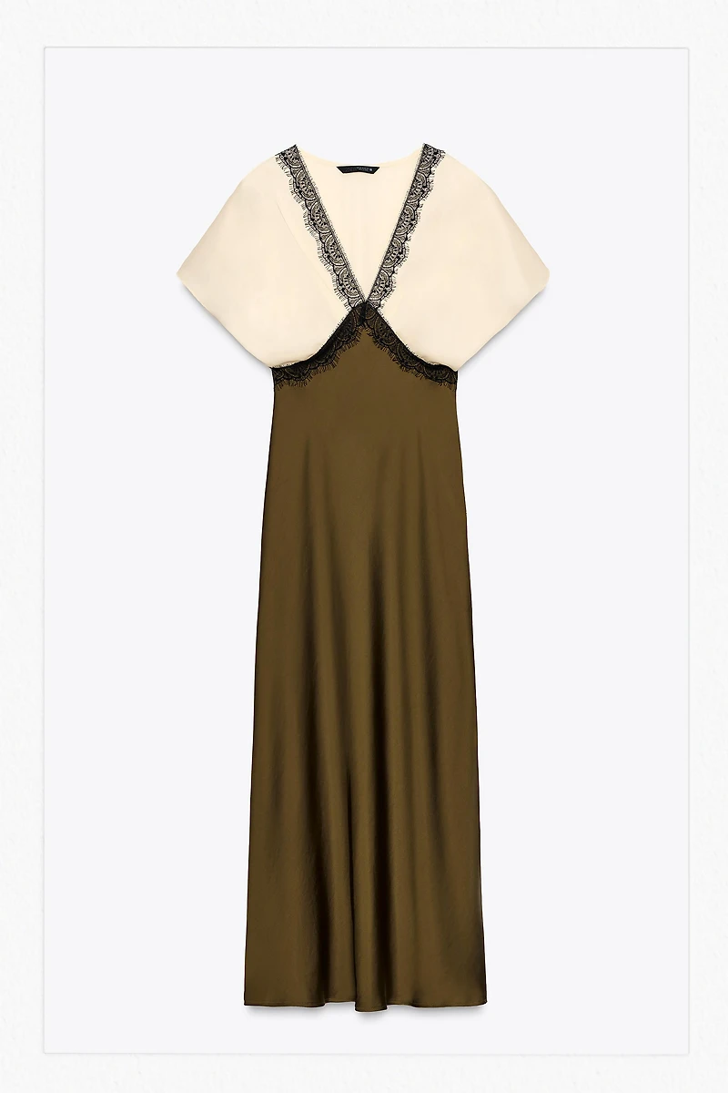 CONTRAST LACE SATIN EFFECT MIDI DRESS