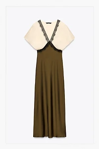 CONTRAST LACE SATIN EFFECT MIDI DRESS