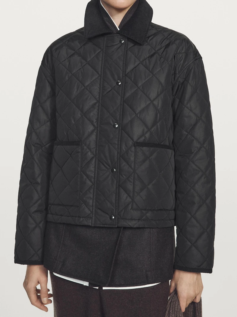 Short lightweight water-repellent puffer jacket with corduroy detail