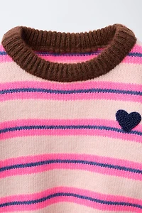 FLUORESCENT STRIPED EMBROIDERED HEART KNIT JUMPER