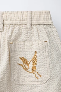EMBROIDERED BIRD SEERSUCKER PANTS