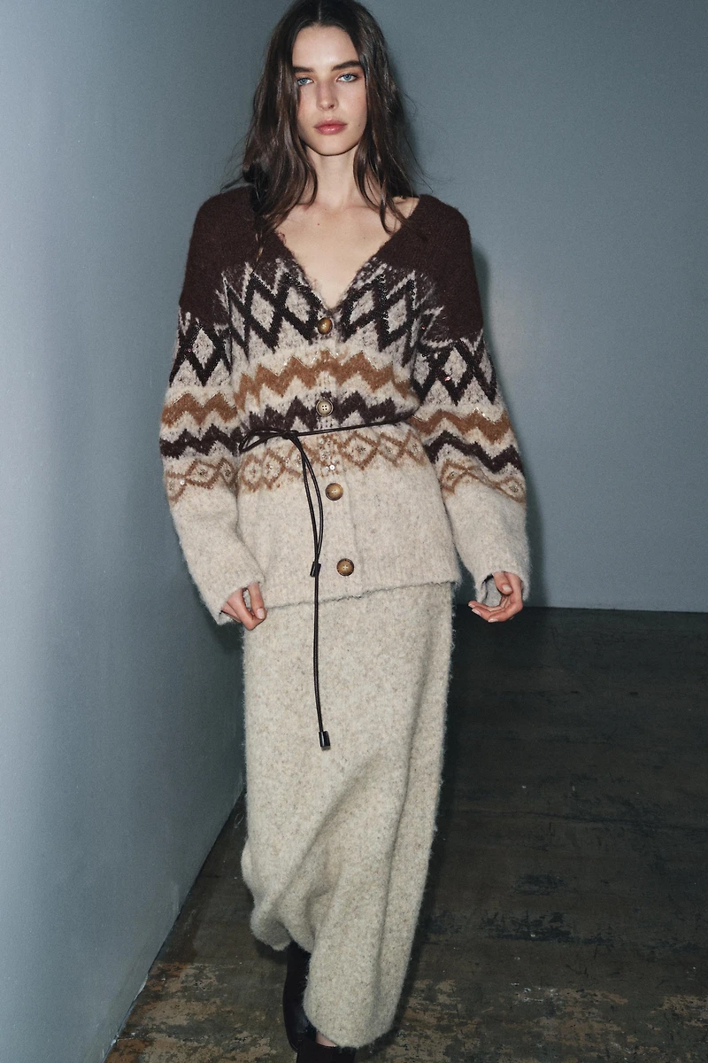 SEQUINED JACQUARD KNIT CARDIGAN WITH BELT