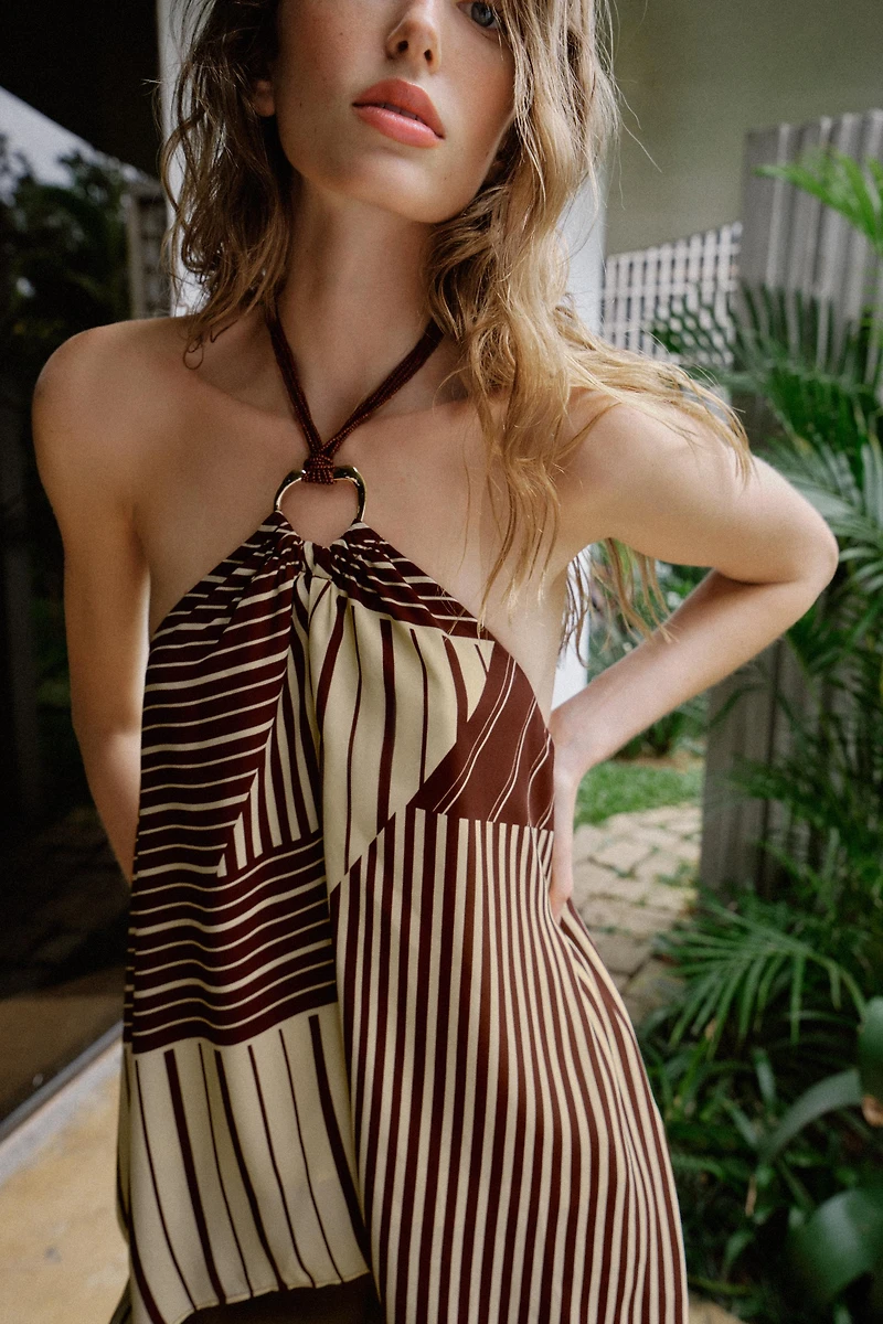 BEADED PRINT HALTER TOP