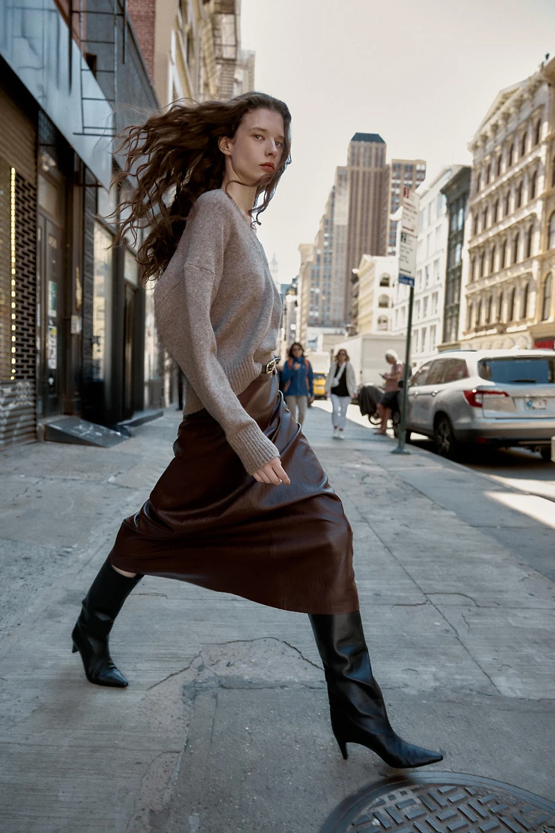 FAUX LEATHER BELTED MIDI SKIRT