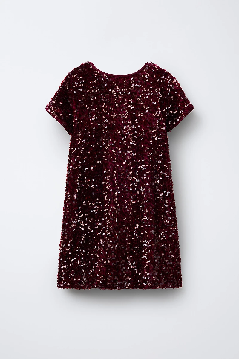SEQUIN VELVET BOW DRESS