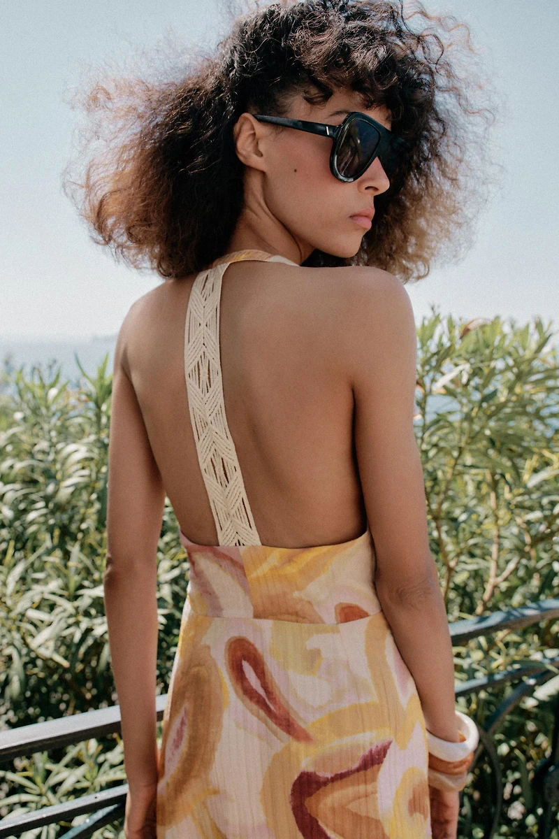 PRINTED MIDI DRESS WITH COMBINATION BACK