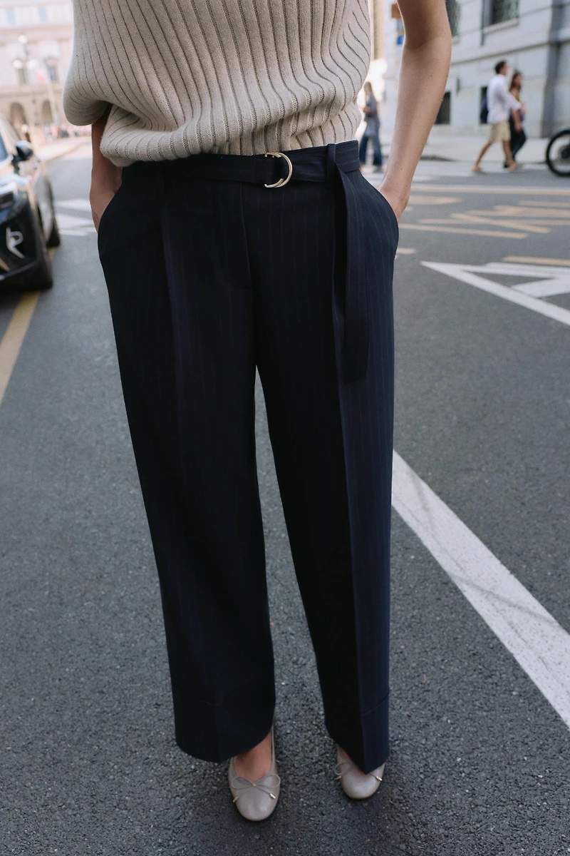 PINSTRIPE BELTED PANTS