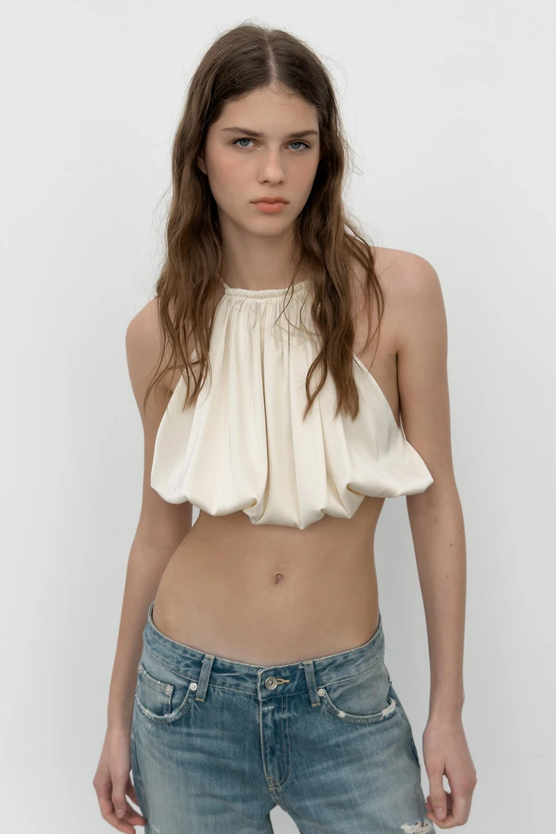 SATIN BALLOON HALTER CROP TOP