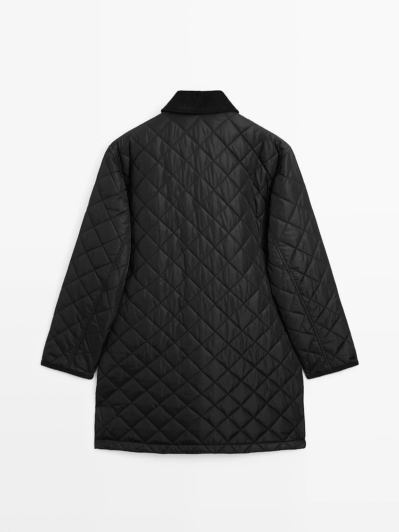 Long lightweight puffer jacket with corduroy detail