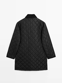 Long lightweight puffer jacket with corduroy detail