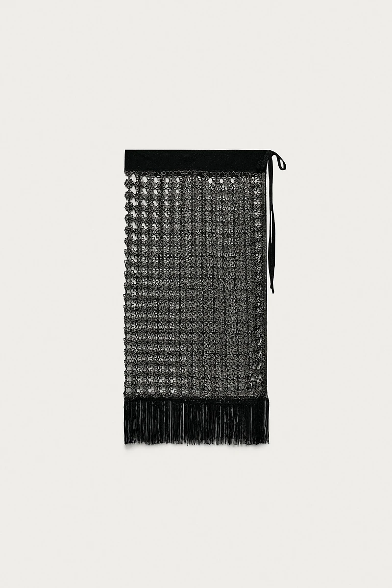 MARISA BERENSON X ZARA BEADED FRINGED OPENWORK PAREO