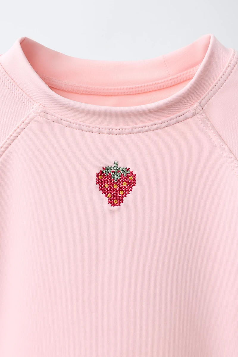 1-6 YEARS/ STRAWBERRY EMBROIDERED SUN PROTECTION RASH GUARD