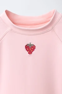 1-6 YEARS/ STRAWBERRY EMBROIDERED SUN PROTECTION RASH GUARD