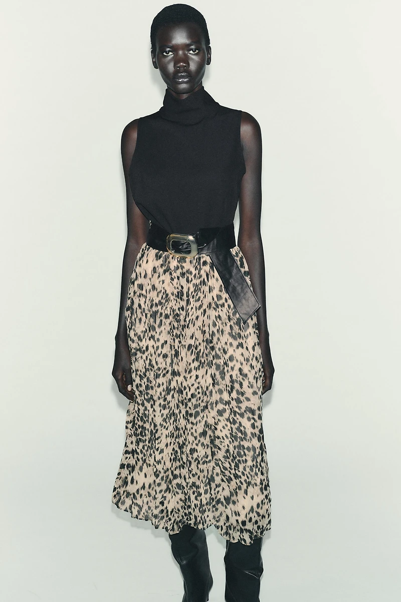 ANIMAL PRINT COMBINATION MIDI DRESS WITH BELT