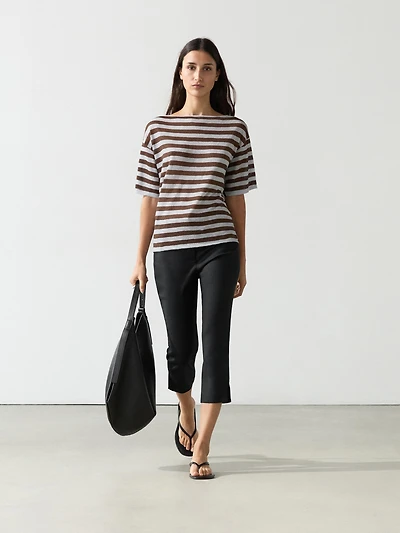 Striped linen boat neck T-shirt