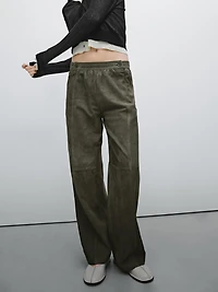 Suede leather trousers with linen detail