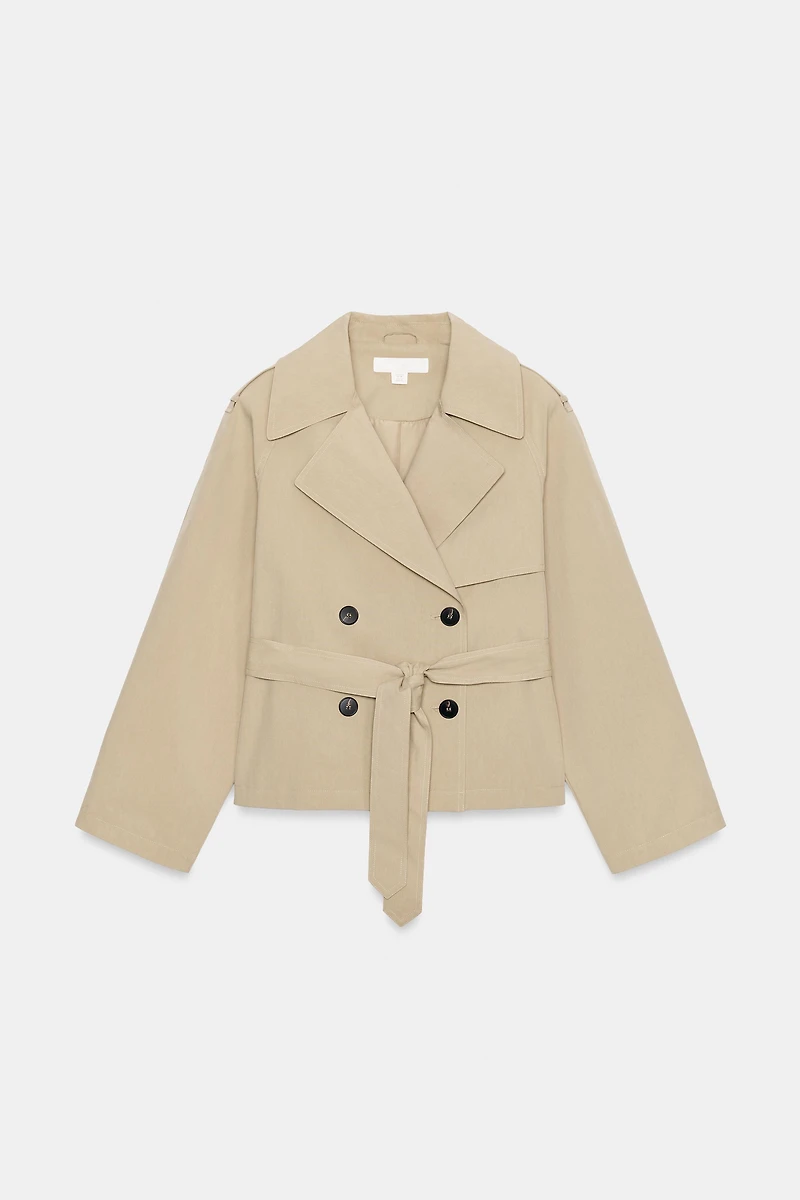 CROPPED TRENCH COAT WITH BELT AND EPAULETS