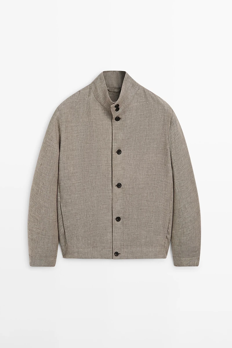 Linen blend bomber jacket with collar detail