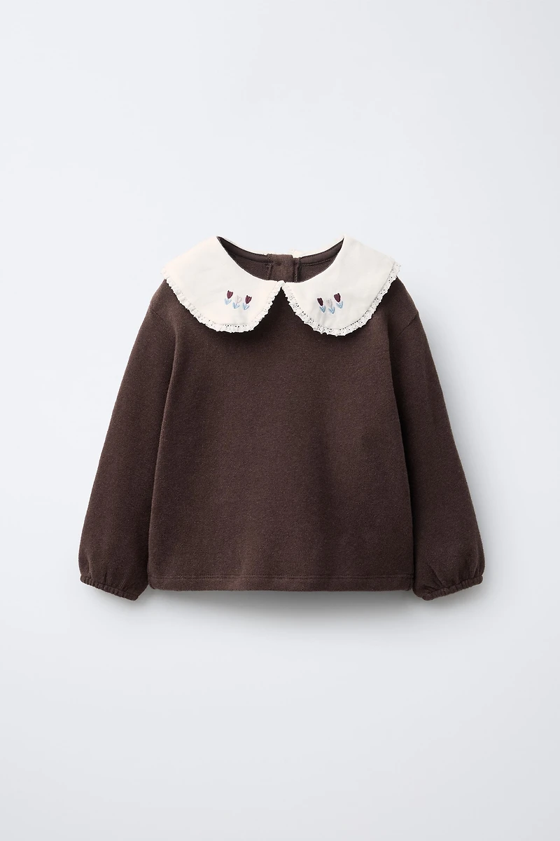 EMBROIDERED SOFT TOUCH PETER PAN COLLAR TOP