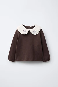 EMBROIDERED SOFT TOUCH PETER PAN COLLAR TOP