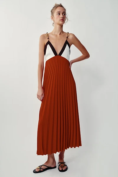 BEADED PLEATED MIDI DRESS