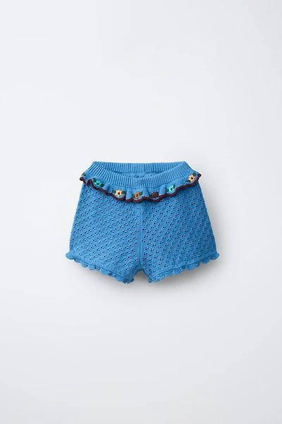 COTTON-LINEN KNIT SHORTS WITH RUFFLES AND EMBROIDERY