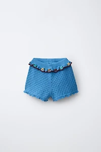 COTTON-LINEN KNIT SHORTS WITH RUFFLES AND EMBROIDERY