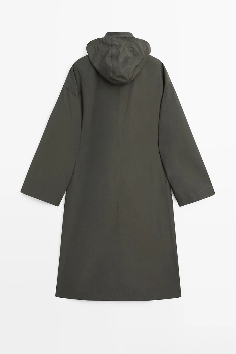 Technical fabric trench coat with hood