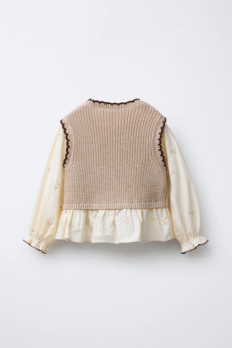 EMBROIDERED FLOWER SHIRT WITH KNIT VEST