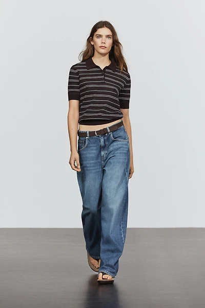 Cotton blend striped open-knit polo shirt