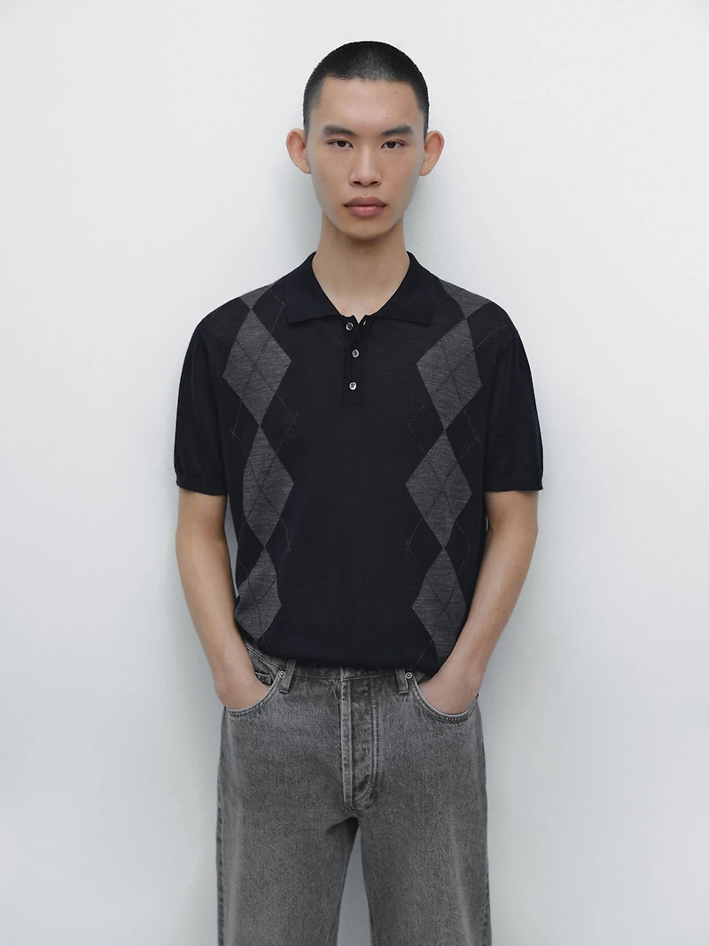 Merino wool blend argyle knit polo sweater