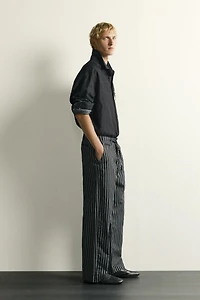 STRIPED COTTON-LINEN DENIM PANTS