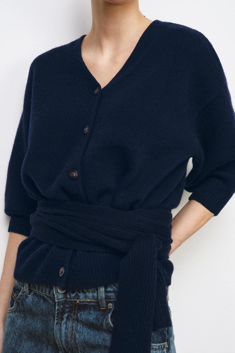 100% WOOL PUFF SLEEVE CARDIGAN